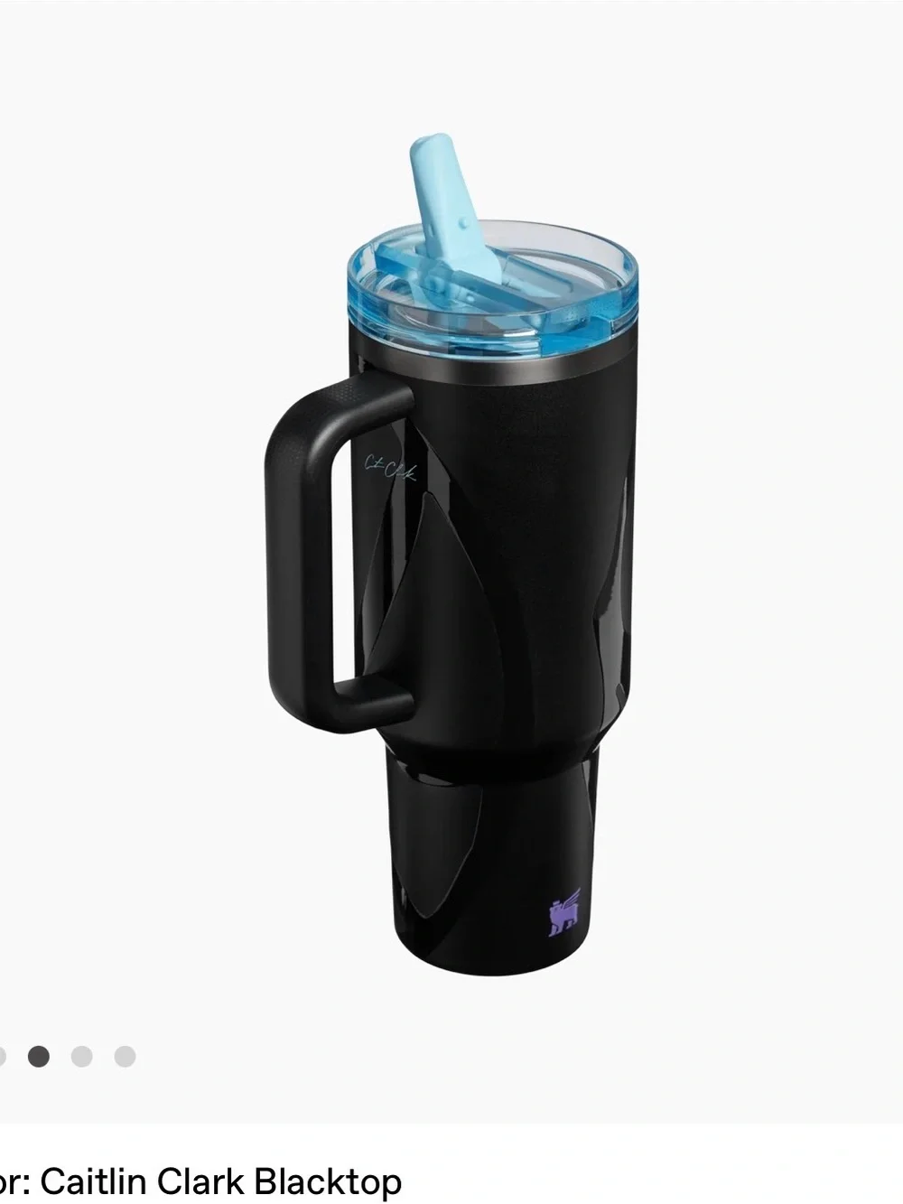Caitlin Clark Stanley Black Travel Mug with Light Blue Lid and Purple Logo